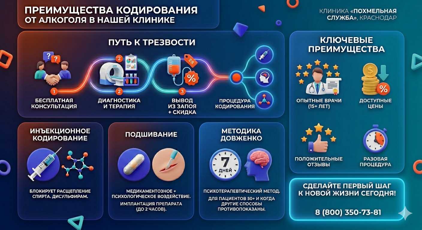 Инфографика о методах кодирования от алкоголя в Жукове: инъекции, подшивание, метод Довженко. Преимущества клиники и этапы лечения.