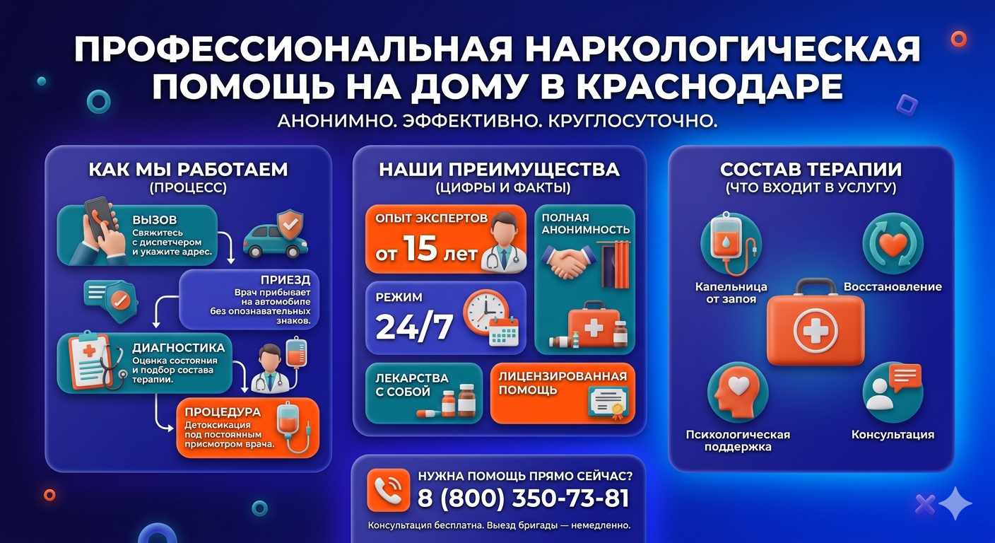 Инфографика о принципах лечения алкоголизма на дому в Жукове: этапы вызова нарколога, преимущества анонимной детоксикации и состав медицинской помощи.